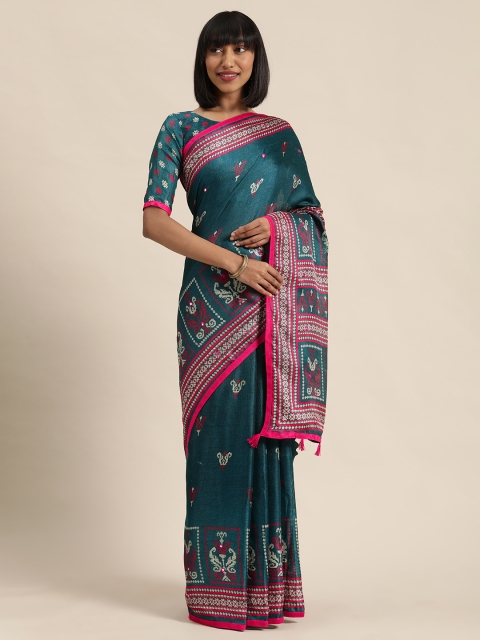 

LADUSAA Teal Green & Pink Jute Silk Embroidered Saree