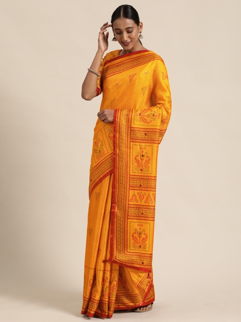 

LADUSAA Mustard Yellow & Red Jute Silk Embroidered Saree