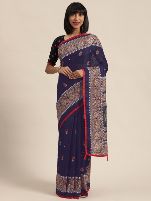 

LADUSAA Navy Blue & Red Jute Silk Embroidered Saree