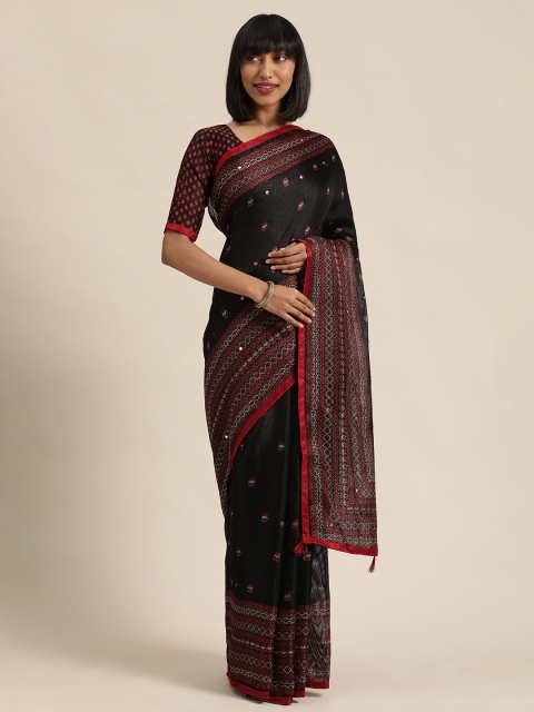 

LADUSAA Black & Red Jute Silk Embroidered Saree