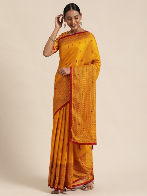 

LADUSAA Mustard Yellow Printed Jute Silk Saree