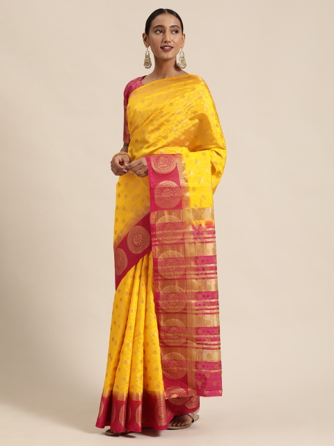 

LADUSAA Yellow & Gold-Toned Nylon Woven Design Kanjeevaram Saree