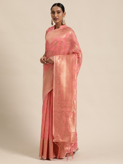 

LADUSAA Pink & Gold-Toned Woven Design Kanjeevaram Saree