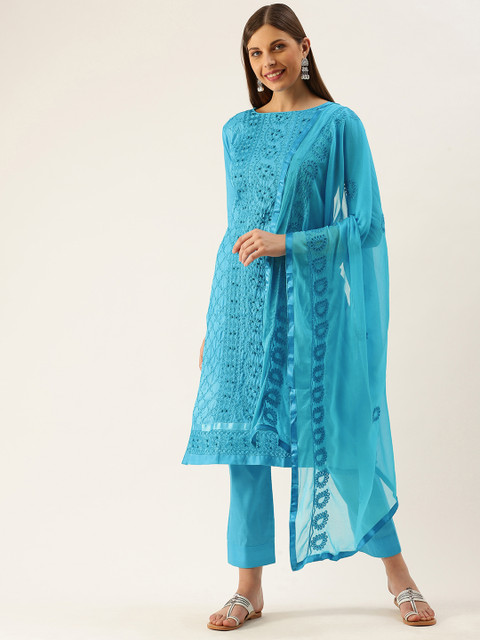 

LADUSAA Blue Cotton Blend Embroidered Unstitched Dress Material