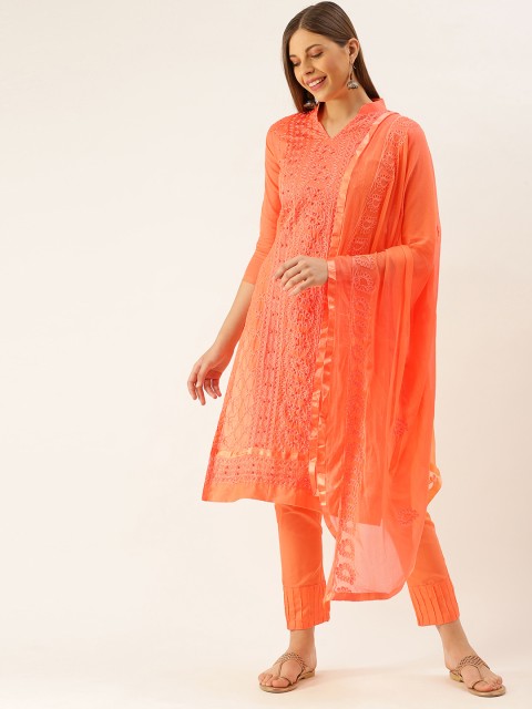 

LADUSAA Orange Chanderi Unstitched Dress Material