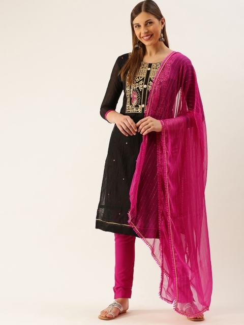 

LADUSAA Black & Pink Chanderi Unstitched Dress Material