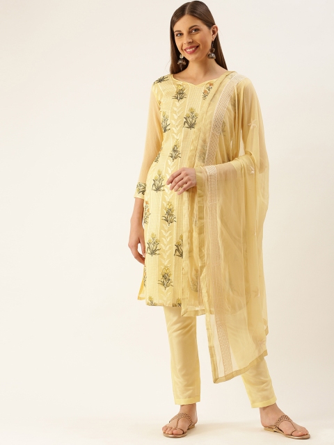 

LADUSAA Yellow Chanderi Unstitched Dress Material