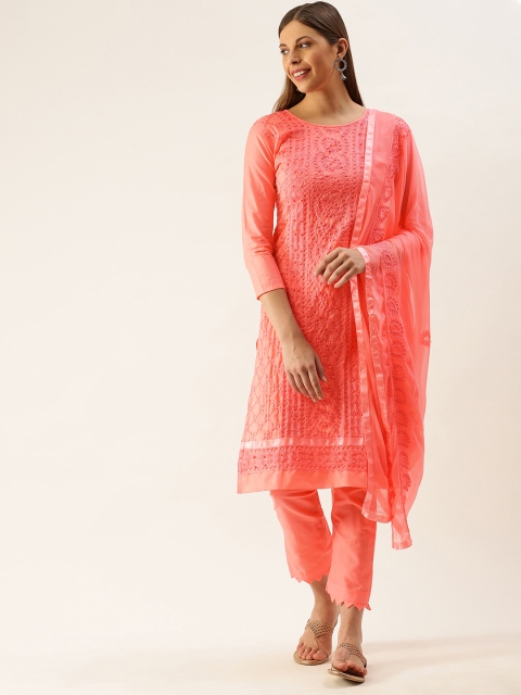 

LADUSAA Pink Cotton Blend Embroidered Unstitched Dress Material