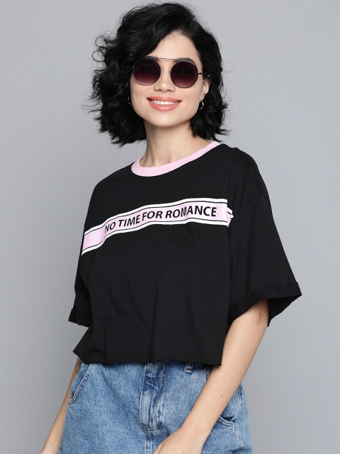

VividArtsy Women Black & Pink Printed Cotton Round Neck Cropped T-shirt