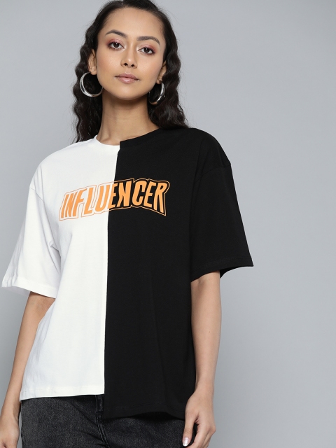 VividArtsy Women Black & White Colourblocked Pure Cotton Round Neck T-shirt