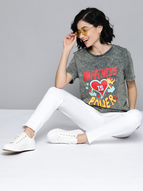 

VividArtsy Women Olive Green & Yellow Printed Cotton Round Neck T-shirt