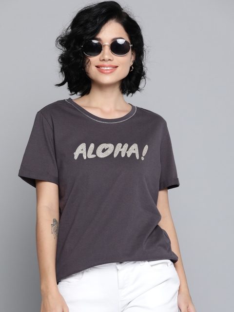 

VividArtsy Women Charcoal Grey Solid Cotton Round Neck T-shirt