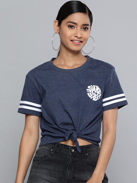 

Vividartsy Women Navy Front Knot Crop Top, Navy blue
