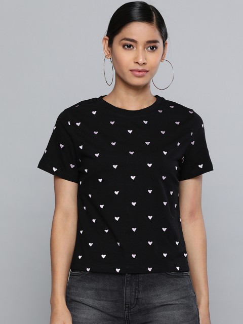 

VividArtsy Women Black Pure Cotton Embroidered Round Neck T-shirt