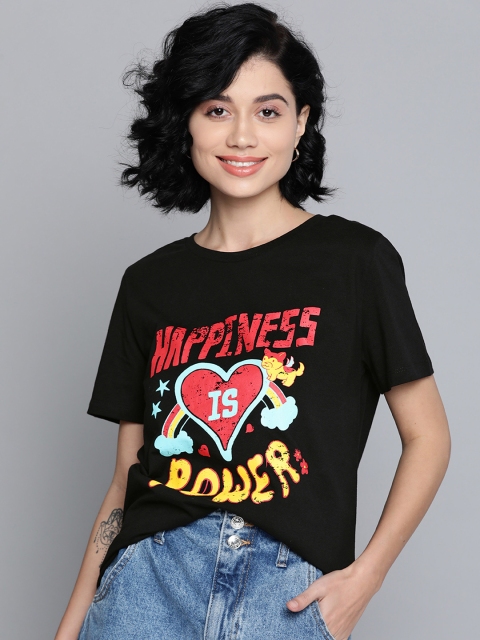 

VividArtsy Women Black & Red Printed Cotton Round Neck T-shirt