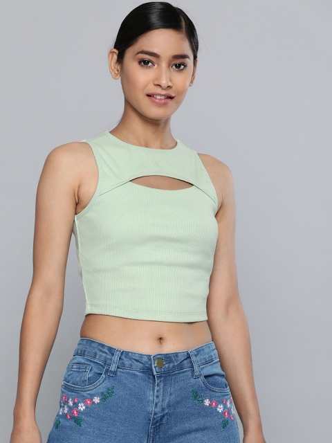 

Vividartsy Women Mint Green Ribbed Fitted Cut-Out Crop Top