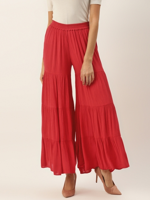 

PIRKO Women Red Solid Flared Fit Tiered Palazzos