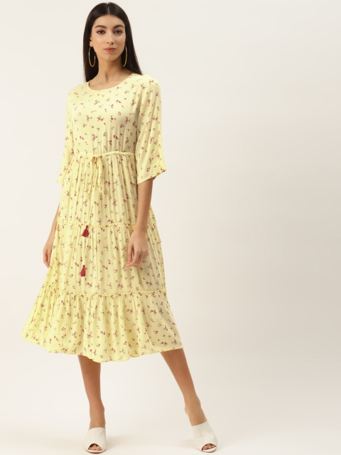 

PIRKO Women Yellow & Pink Printed A-Line Tiered Dress