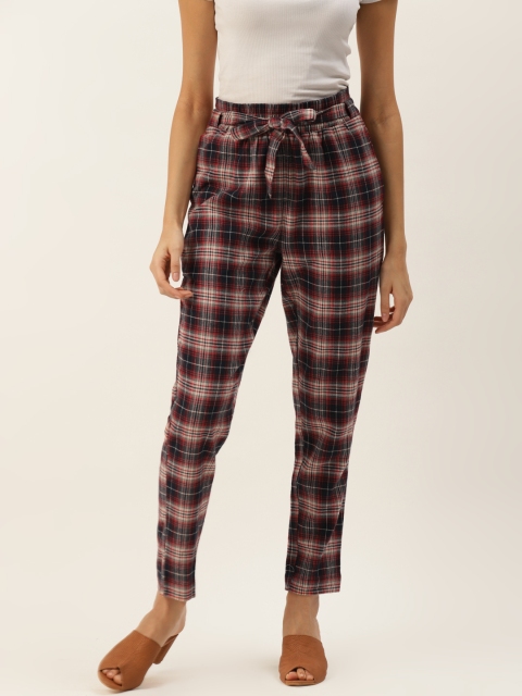 

PIRKO Women Red & Navy Blue Checked Slim Fit Trousers