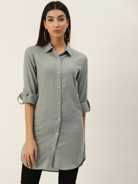 

PIRKO Women Green Regular Fit Solid Longline Cotton Casual Shirt