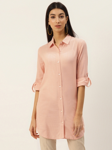 

PIRKO Women Pink Regular Fit Solid Longline Casual Shirt
