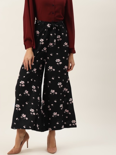 

PIRKO Women Black & Pink Floral Printed Wide Leg Palazzos