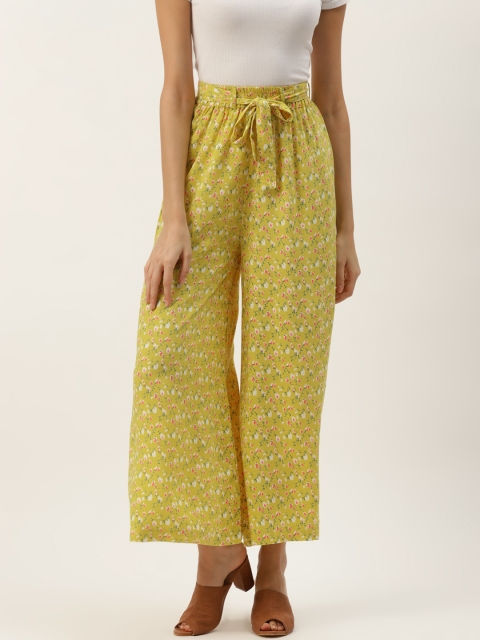 

PIRKO Women Yellow & Pink Floral Printed Wide Leg Palazzos