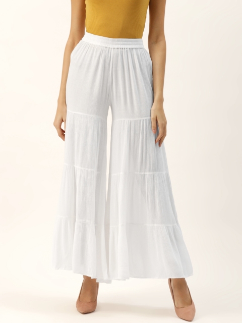 

PIRKO Women White Solid Flared Tiered Palazzos