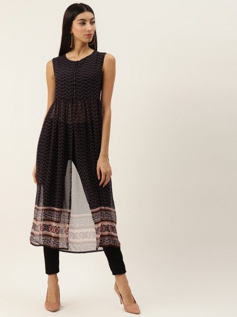 

PIRKO Women Navy Blue & Pink Sheer Printed Longline Tunic