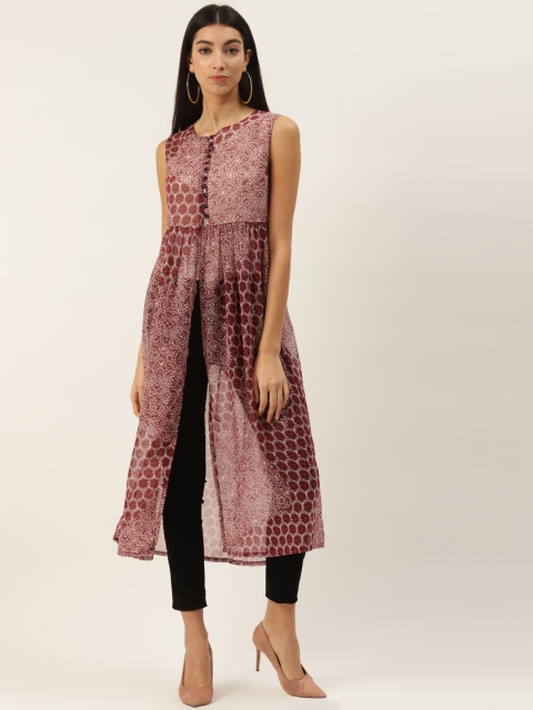 

PIRKO Women Maroon & Off-White Sheer Longline Printed Tunic