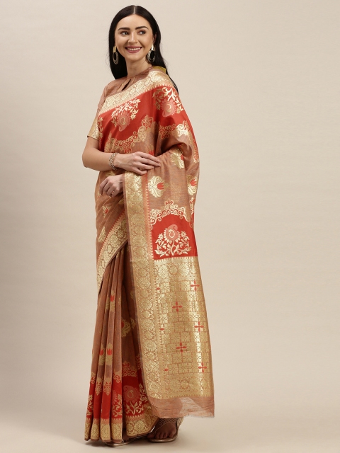 

Mitera Rust Brown & Gold-Toned Woven Design Dharmavaram Saree