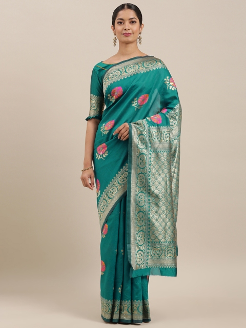 

Mitera Teal Green & Pink Art Silk Woven Design Kanjeevaram Saree