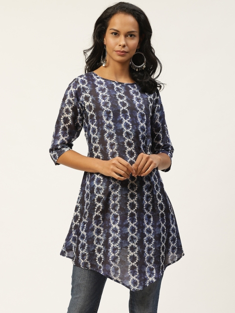 

shiloh Navy & Off-White Printed Asymmetric A-Line Kurti, Navy blue