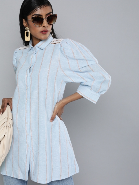 

SCOUP Women Blue Striped Longline Shirt Tunic