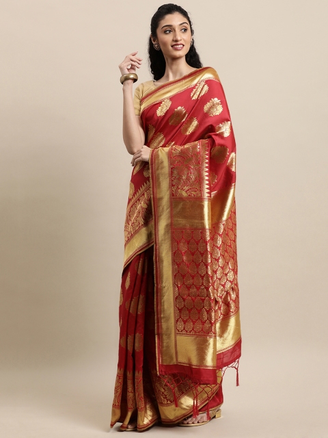 

Mitera Red & Gold-Toned Woven Design Zari Silk Blend Banarasi Saree