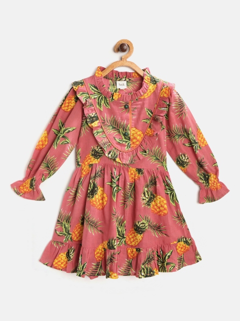 

luyk Girls Peach-Coloured & Yellow Tropical Print Ruffled & Tiered Cotton A-Line Dress