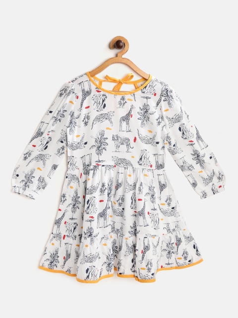 

luyk Girls White & Black Conversational Print Gathered & Pleated A-Line Dress