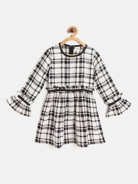 

luyk Girls White & Black Checked Fit and Flare Ruffled Dress