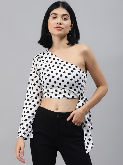 

SIRIKIT White & Black Polka Dots Printed Smocked One Shoulder Crop Top