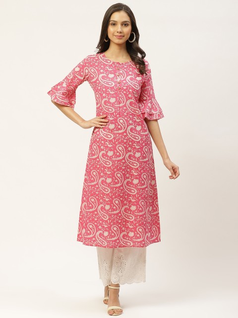 

Maaesa women Pink & White Ethnic Motifs Hand Printed Bell Sleeves Cotton A-Line Kurta