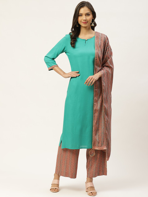 

Maaesa Women Blue Solid Kurta with Ethnic Motifs Hand Printed Palazzos & Dupatta