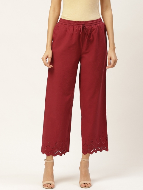 

Maaesa Women Maroon Solid Schiffli Handwork Hem Design Straight Cotton Palazzos