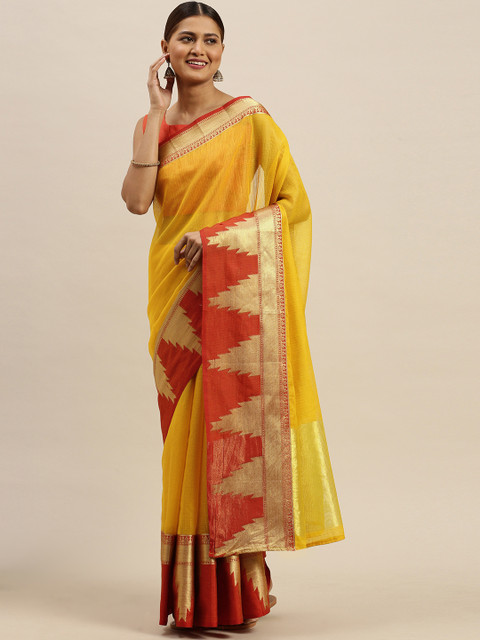 

Saree mall Yellow & Red Silk Blend Solid Banarasi Saree