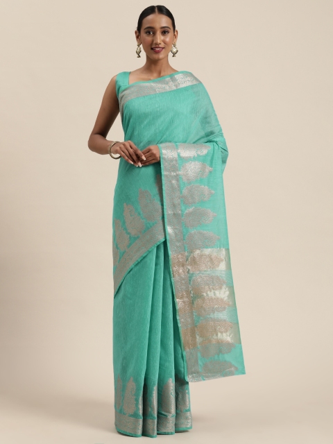 

Saree mall Sea Green & Silver-Toned Linen Blend Woven Design Banarasi Saree