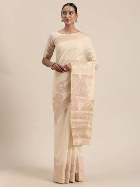 

Saree mall Cream-Coloured Linen Blend Woven Design Banarasi Saree