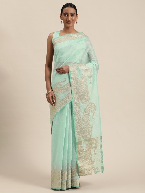 

Saree mall Sea Green Linen Blend Solid Banarasi Saree