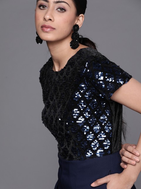 

Inddus Women Navy Blue & Black Embellished Flared Jumpsuit
