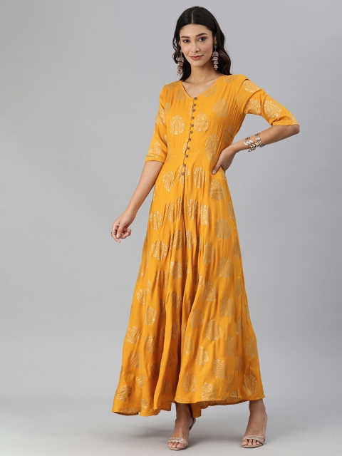 

Swishchick Women Yellow Printed Maxi Dress