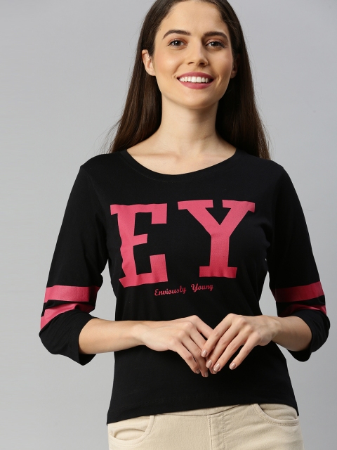 

Enviously Young Women Black Slim Fit Printed Round Neck Pure Cotton T-shirt