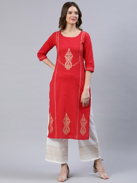 

Nayo Women Red & Yellow Printed Kurta with Palazzos